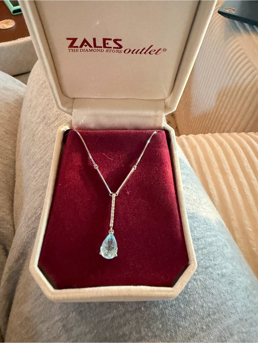 Zales Silver Pendant 14k Necklace with Aquamarine Teardrop Stone